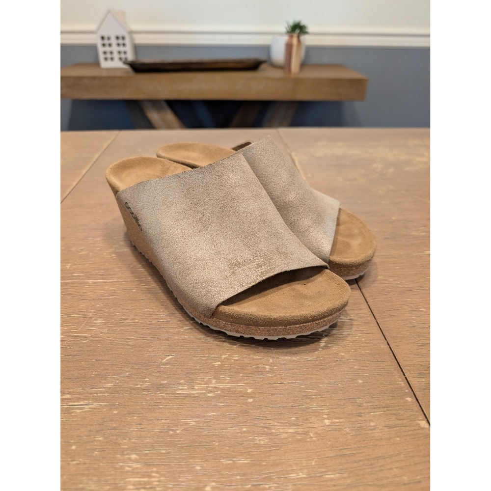 Papillio by Birkenstock Namica Metallic Suede Wedge Slide Sandals 37 L6 beachy